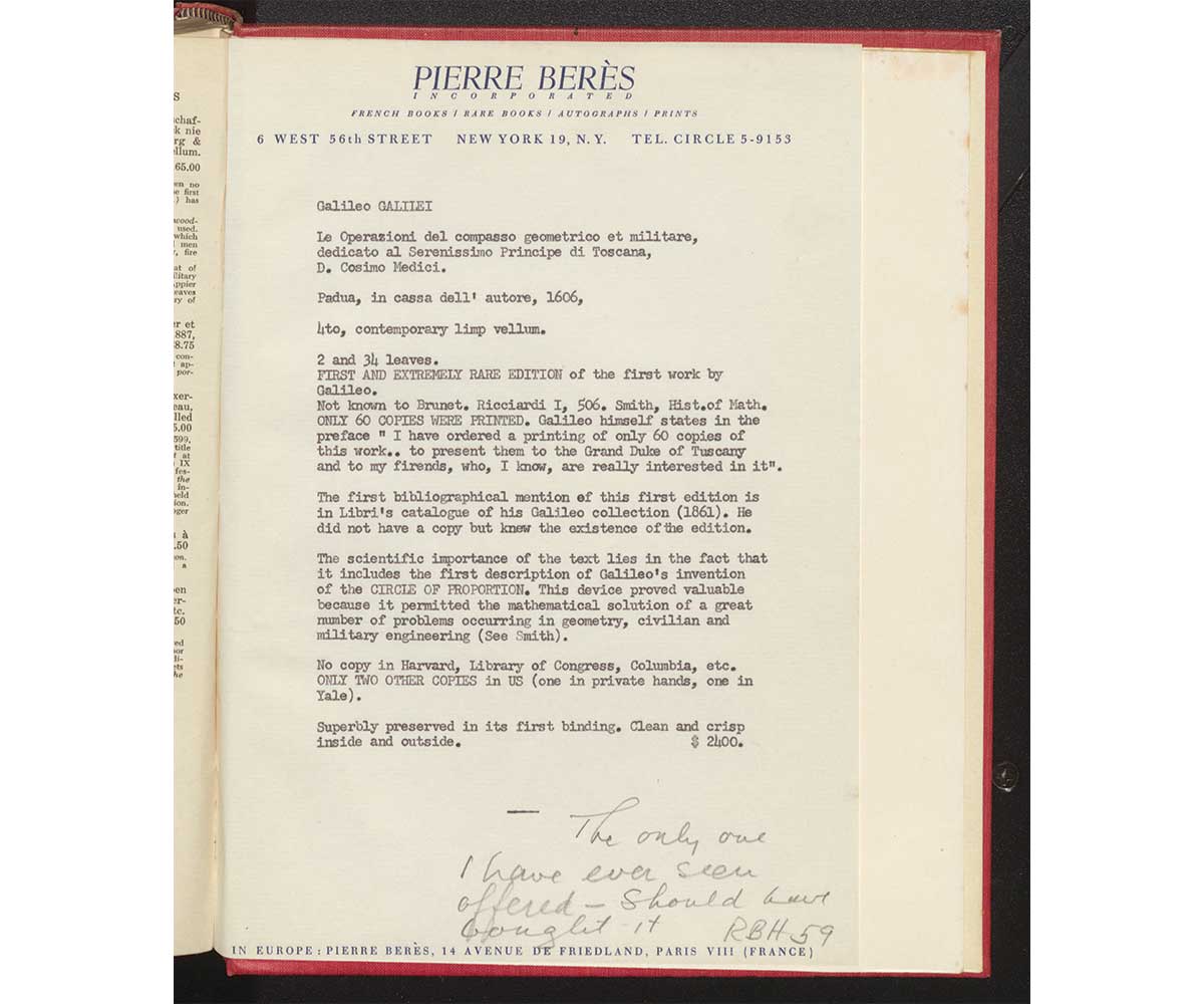 Typewritten offer of Galileo’s Compasso