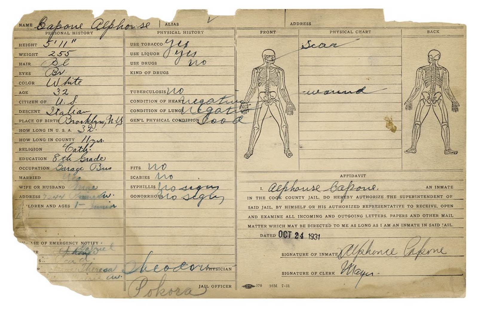 Al Capone Signed Inmate Record Card