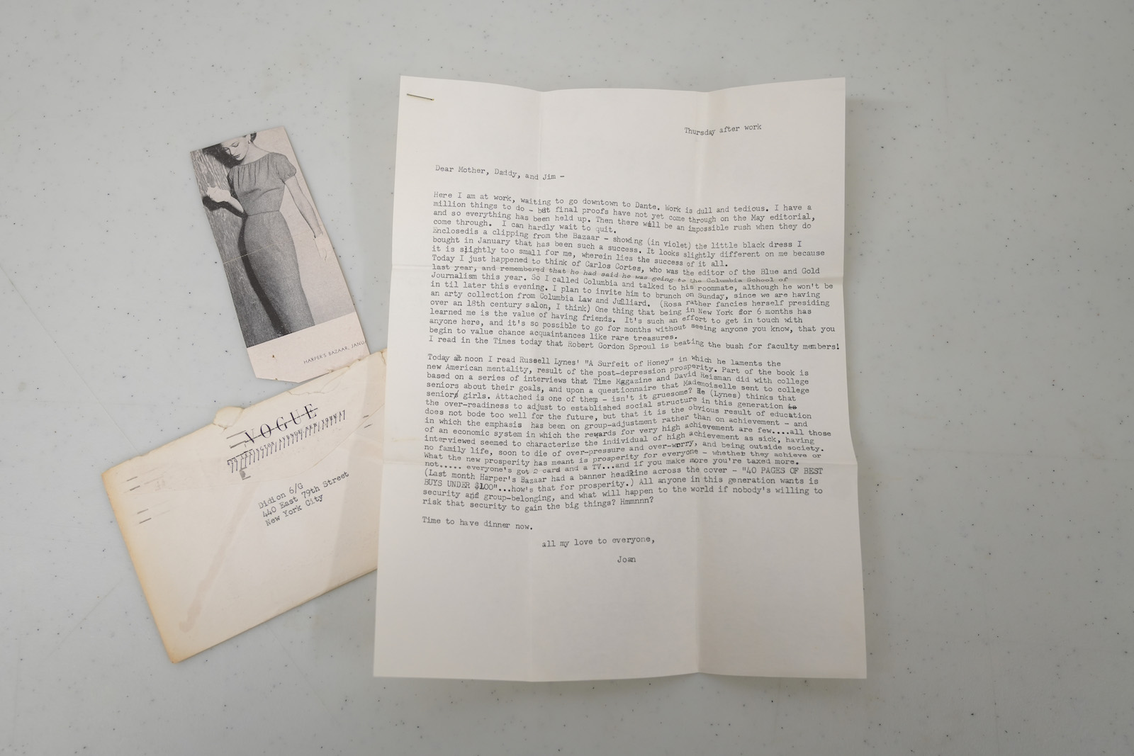 Letter and clipping from Joan Didion to her family during her early years at Vogue, 1957