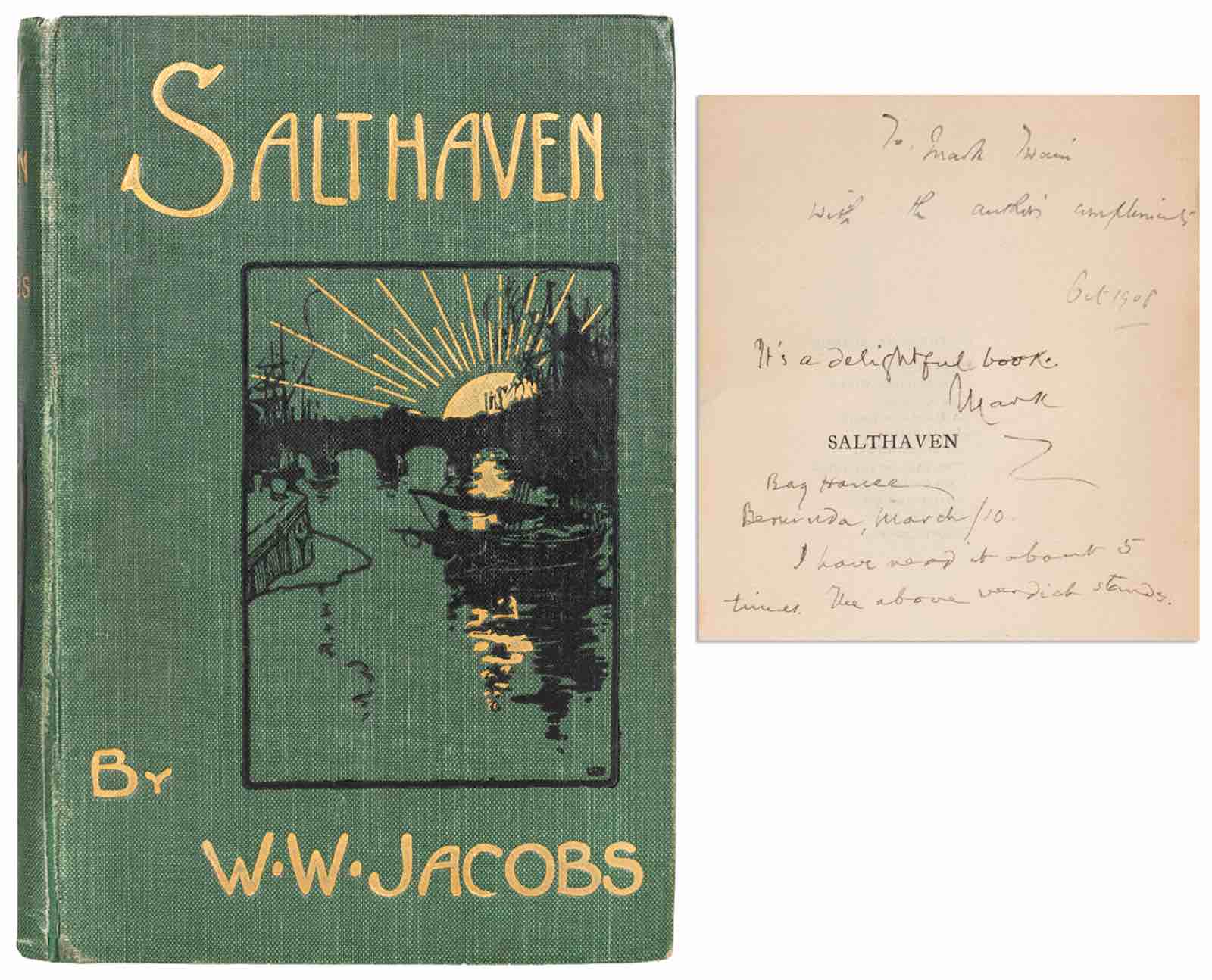 A first edition, presentation copy of W.W. Jacobs' Salthaven inscribed to Samuel L. Clemens/Mark Twain is estimated at $25,000-35,000