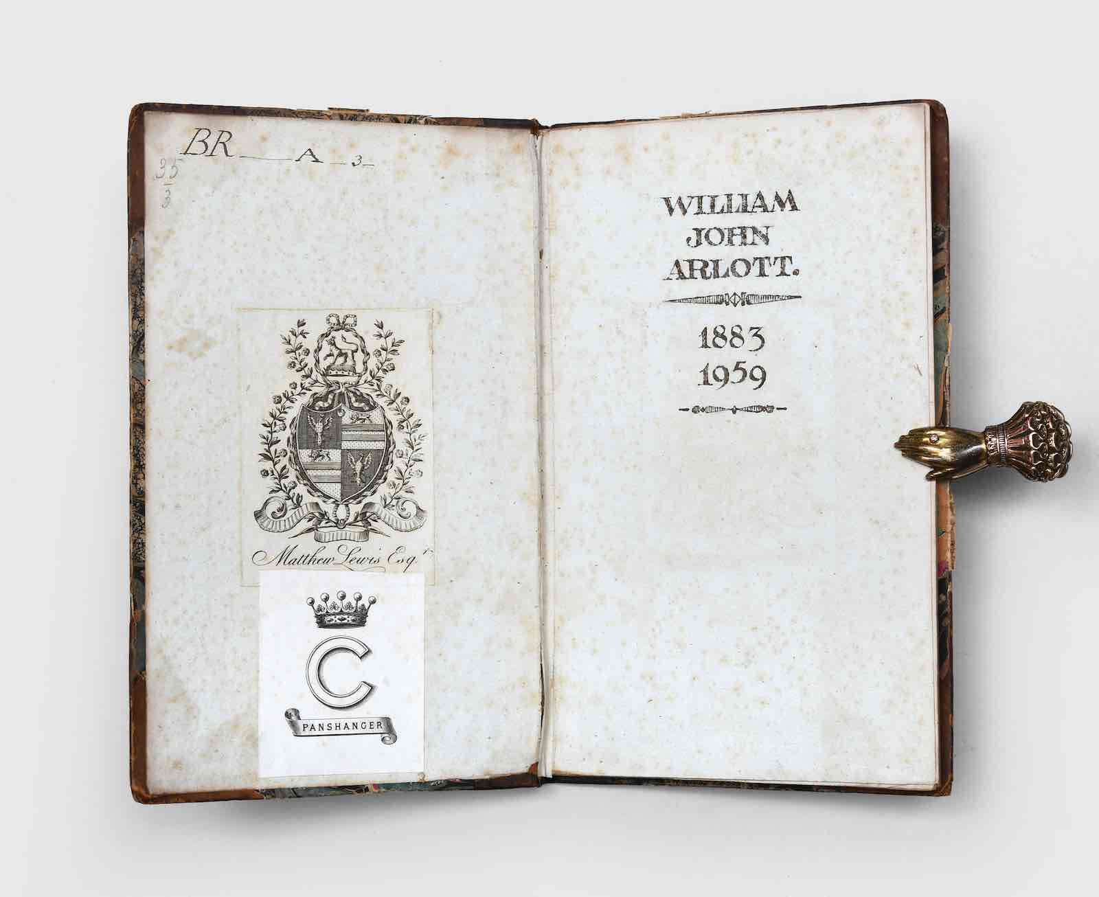 Arlott's inscription and earlier bookplates