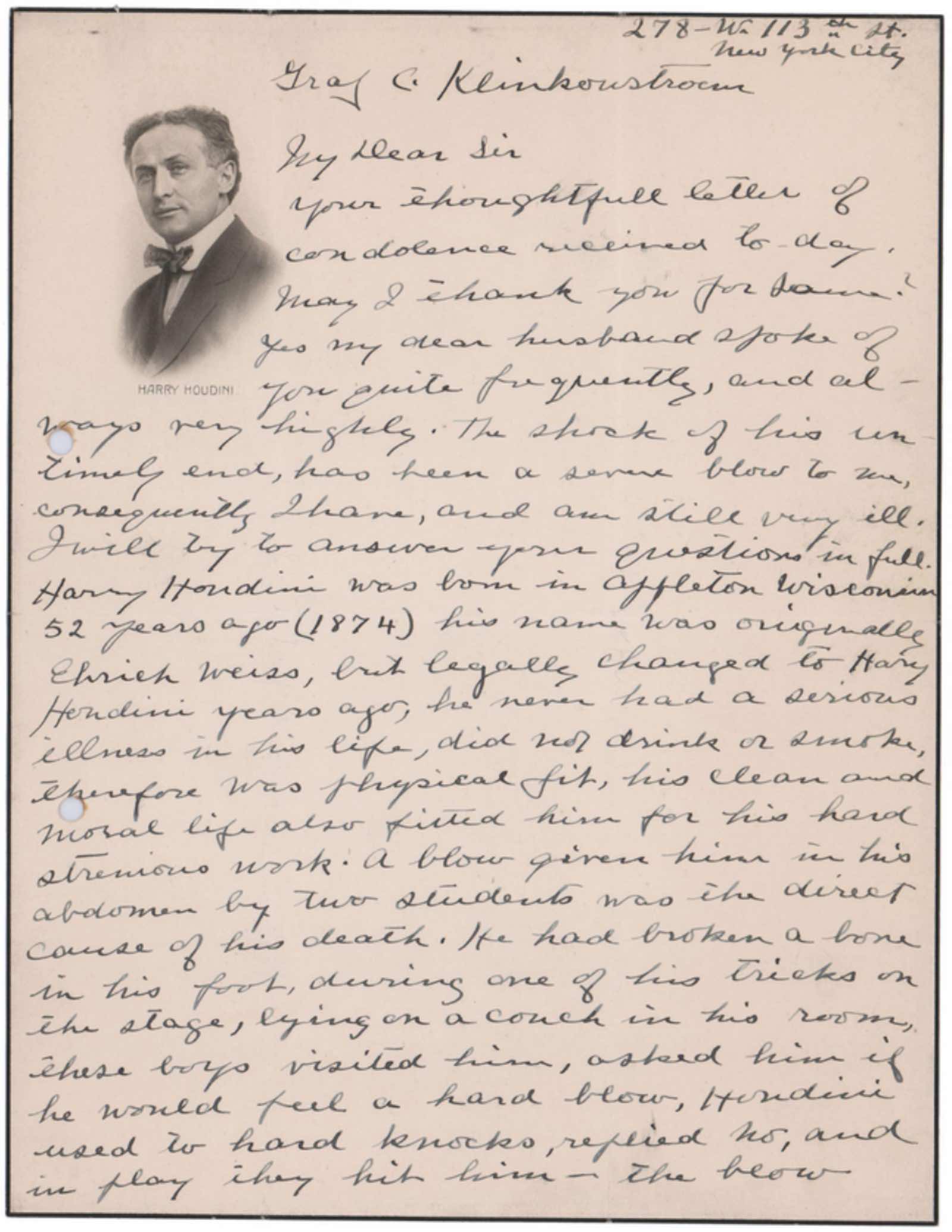 Beatrice Houdini's moving account of her husband’s death