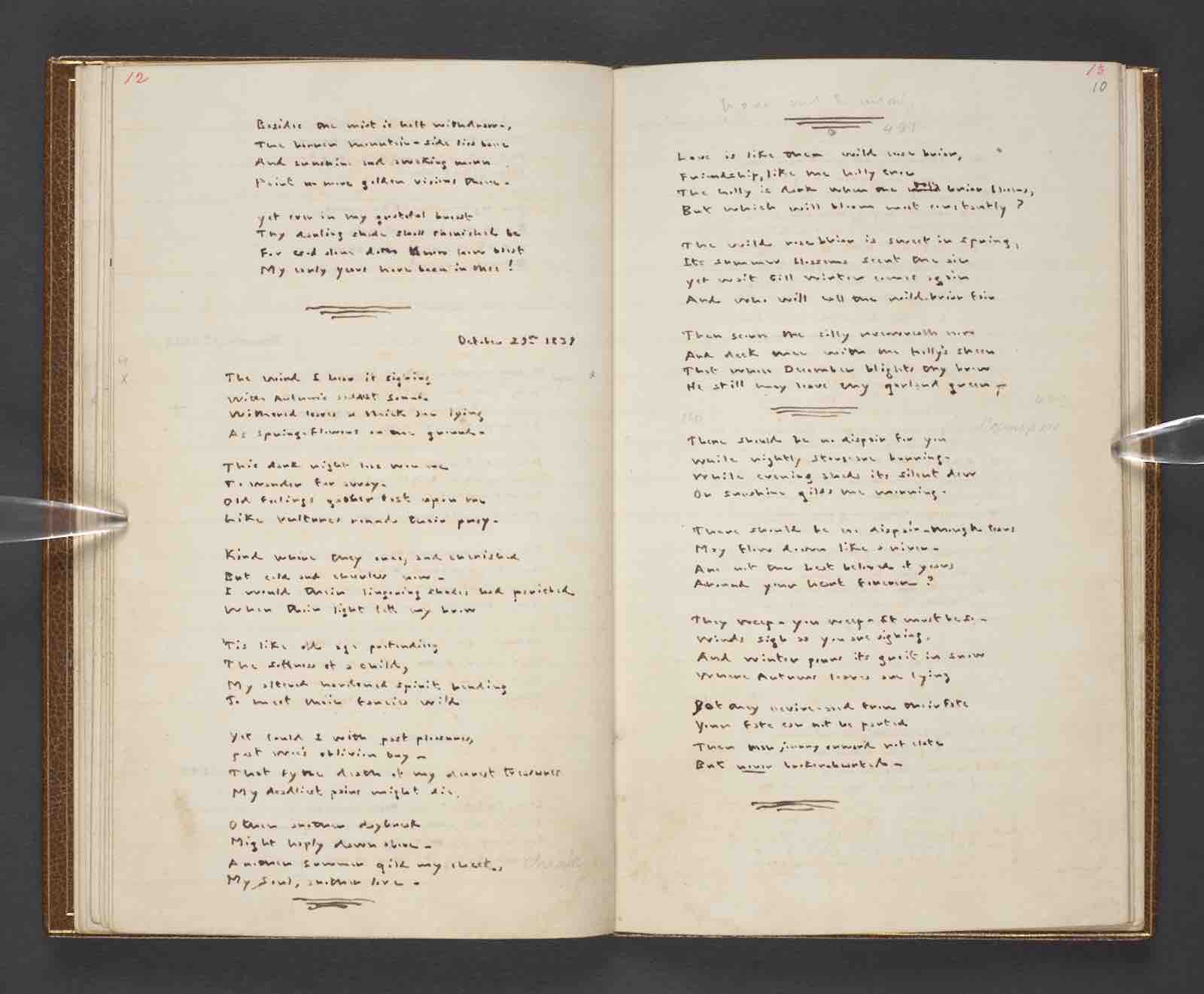 Double page of a notebook of handwritten poems by Emily Brontë written between March 3, 1844 and January 2, 1846