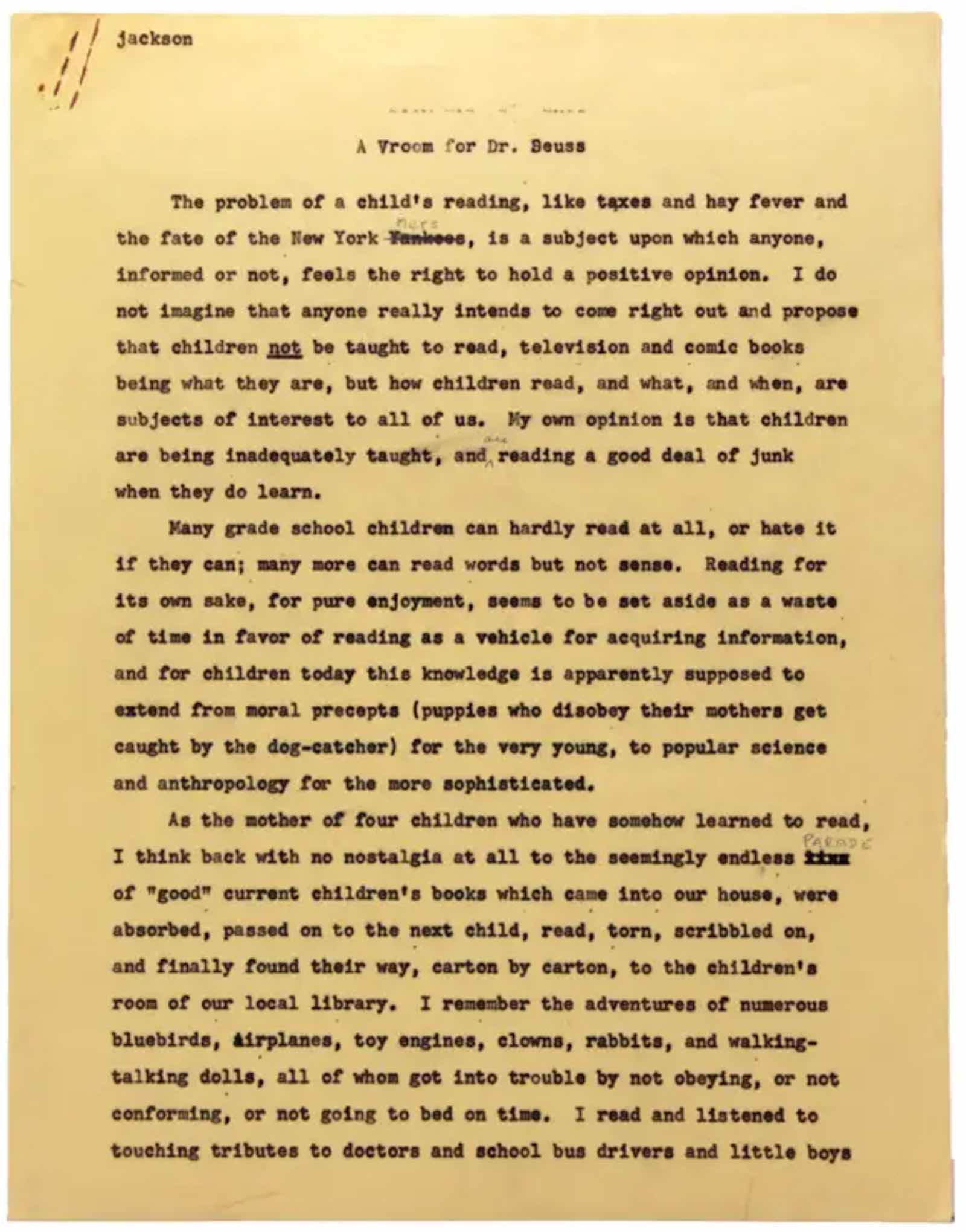 Shirley Jackson, A Vroom for Mr. Seuss, a general review of Dr. Seuss's books