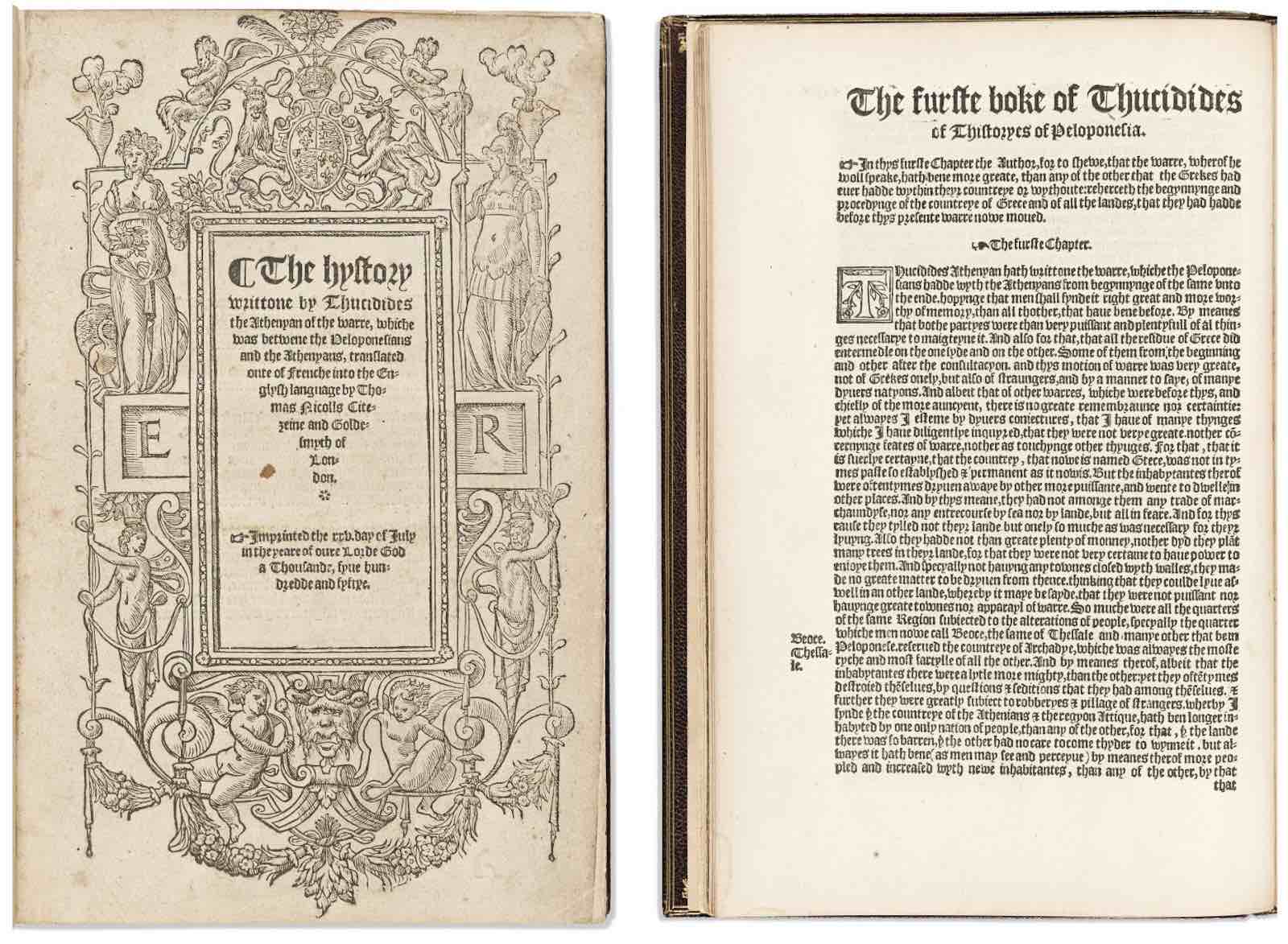 Lot 95: Thucydides, The Hystory Writtone by Thucidides the Athenyan of the Warre, whiche was betwene the Peloponesians and the Athenyans, first edition, London, 1550. Estimate $10,000 to $15,000. Ex libris Christopher Clark Geest.