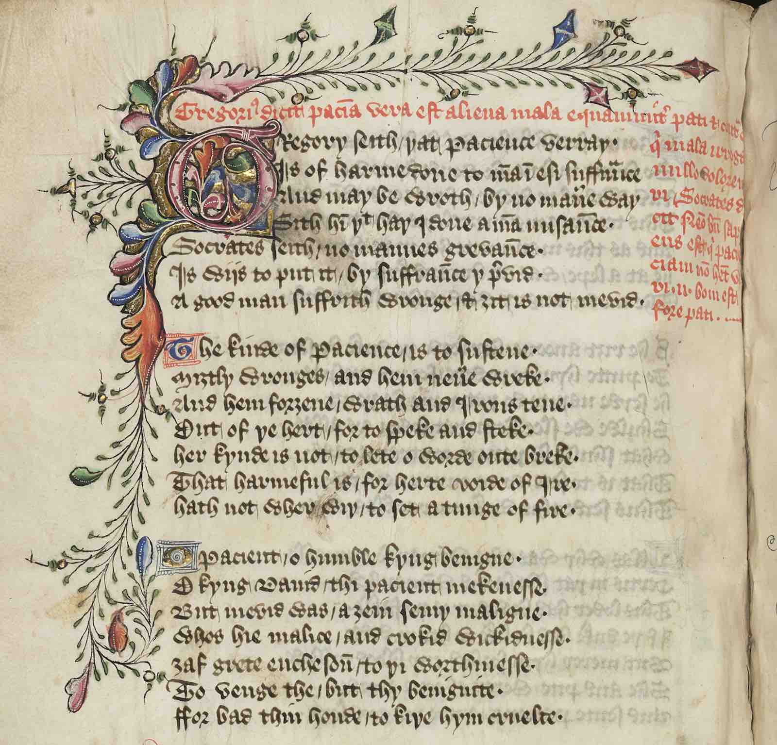 Ornamented initial letter from Sir Thomas Watson’s copy of Hoccleve’s Regiment of Princes, c. 1420