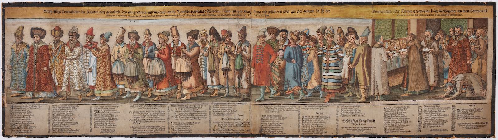 Print from 16th century Prague depicting Russian ambassadors travlling from the court of Ivan IV