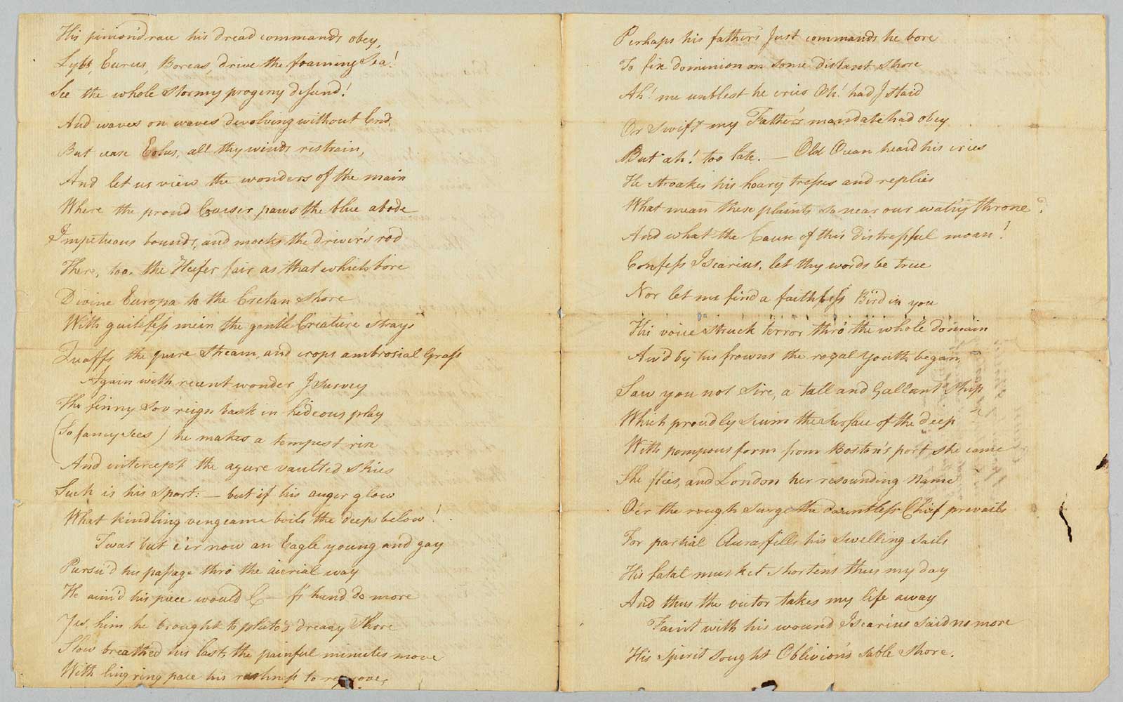 Manuscript for the poem “Ocean” by Phillis Wheatley