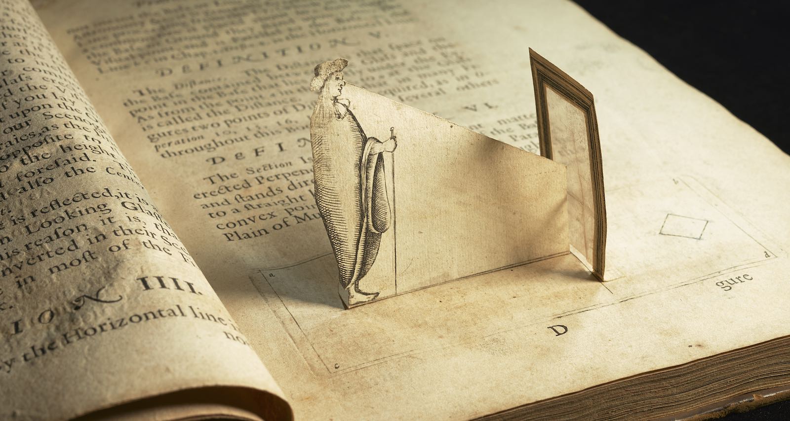 A pop-up diagram in paper and mica (representing glass), from Practical perspective; or Perspective made easie. Teaching by the opticks, how to delineate all bodies, buildings, or landskips, &amp;c… ‘Usefull for all painters, engravers architects, &amp;c. and all others that are any waies inclined to speculatory ingenuity’, by Joseph Moxon, 1670