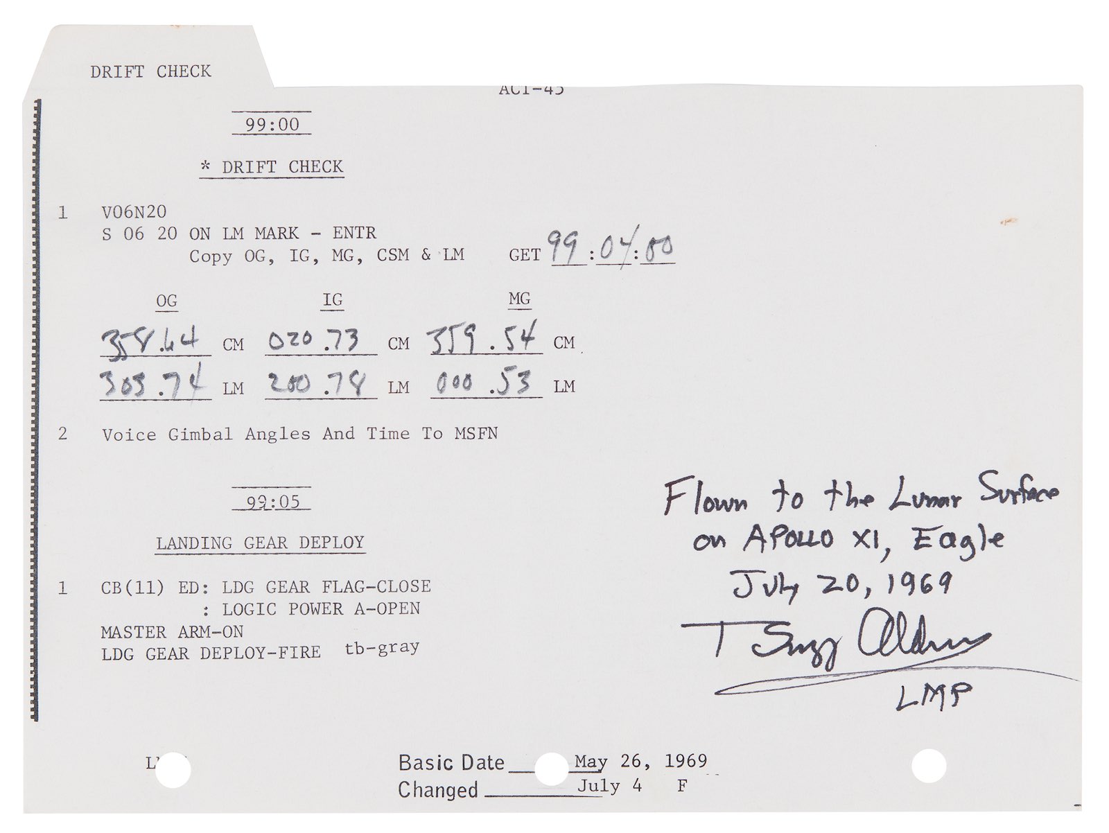 Drift Check &amp; Landing Gear Deploy page from the Apollo 11 Lunar Module Activation Checklist