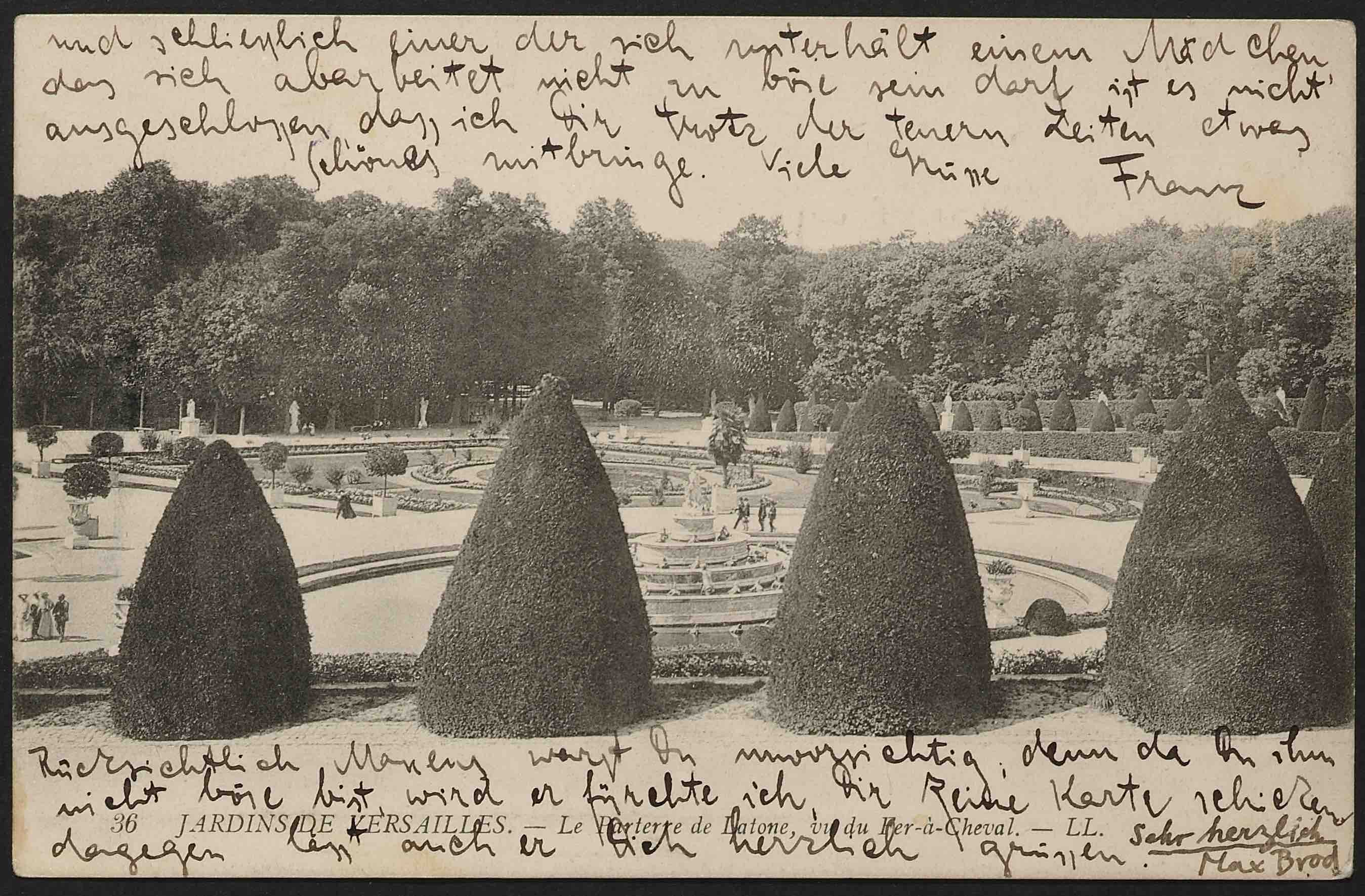 Postcard of Jardins de Versailles, with Kafka's writing on picture side