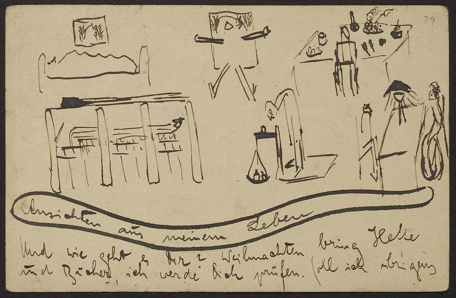 Postcard with six small drawings by Kafka entitled by him 'Ansichten aus meinem Leben' (Scenes from my life)