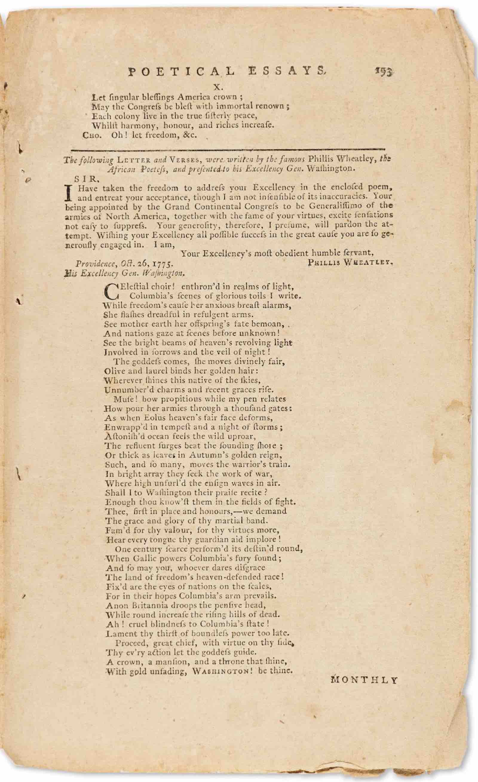 Phillis Wheatley, The first magazine printing of her patriotic poem His Excellency Gen. Washington