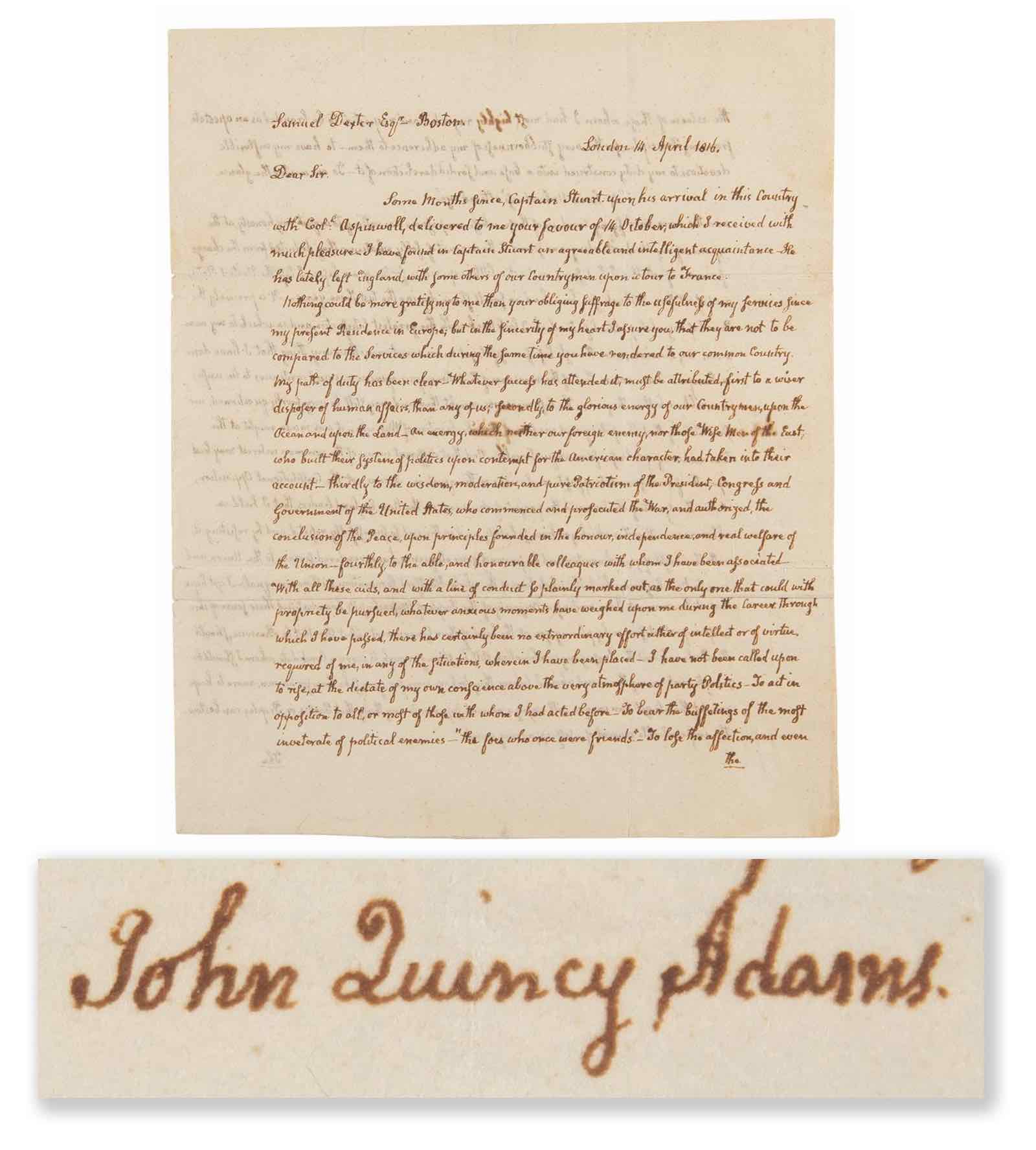 a handwritten letter by John Quincy Adams, dated during the War of 1812, reflecting on the political landscape of Europe post-war