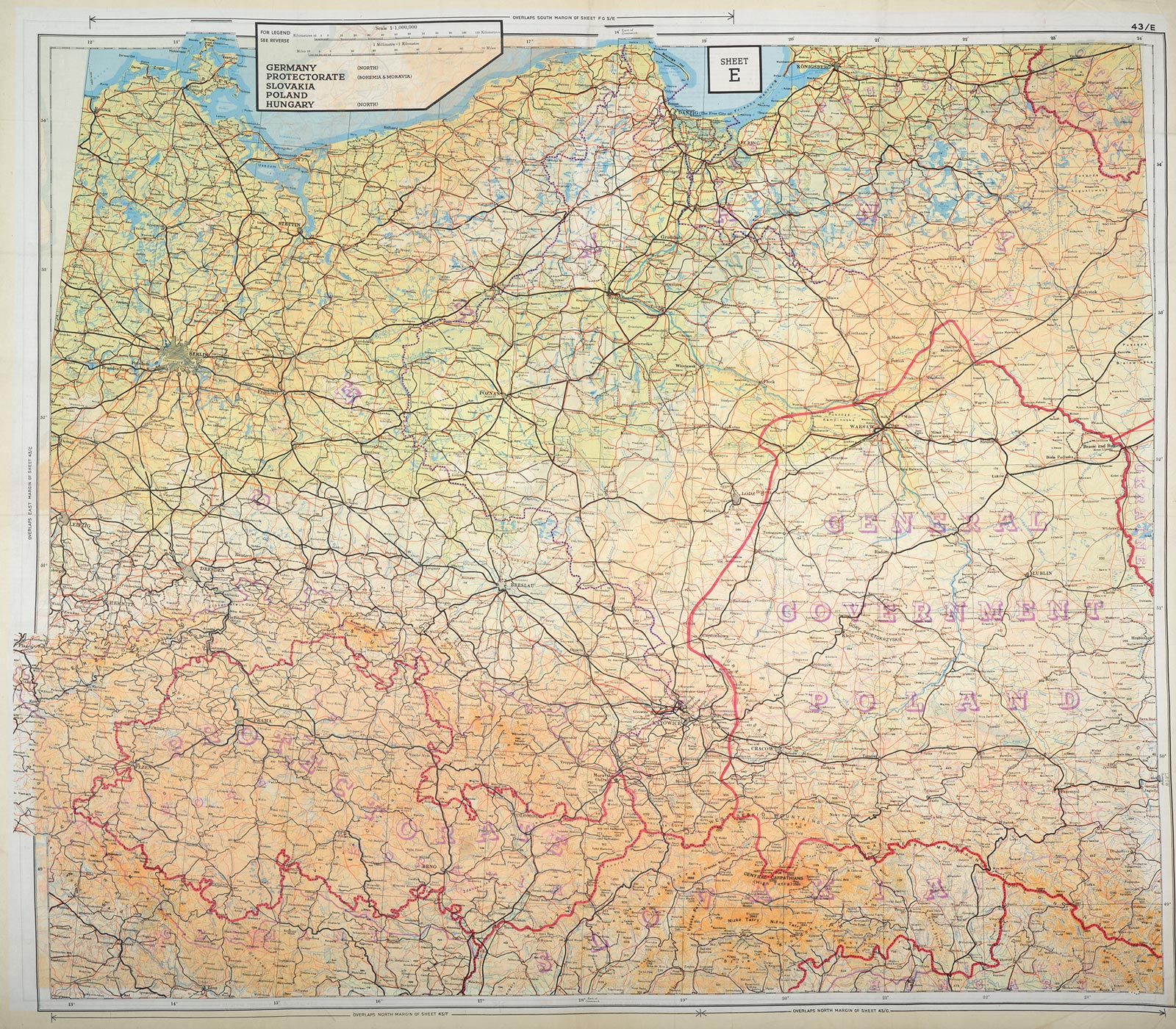 This two-sided escape map made of silk was issued by the Ministry of Defence in the UK in 1943, showing on either side countries in Europe.