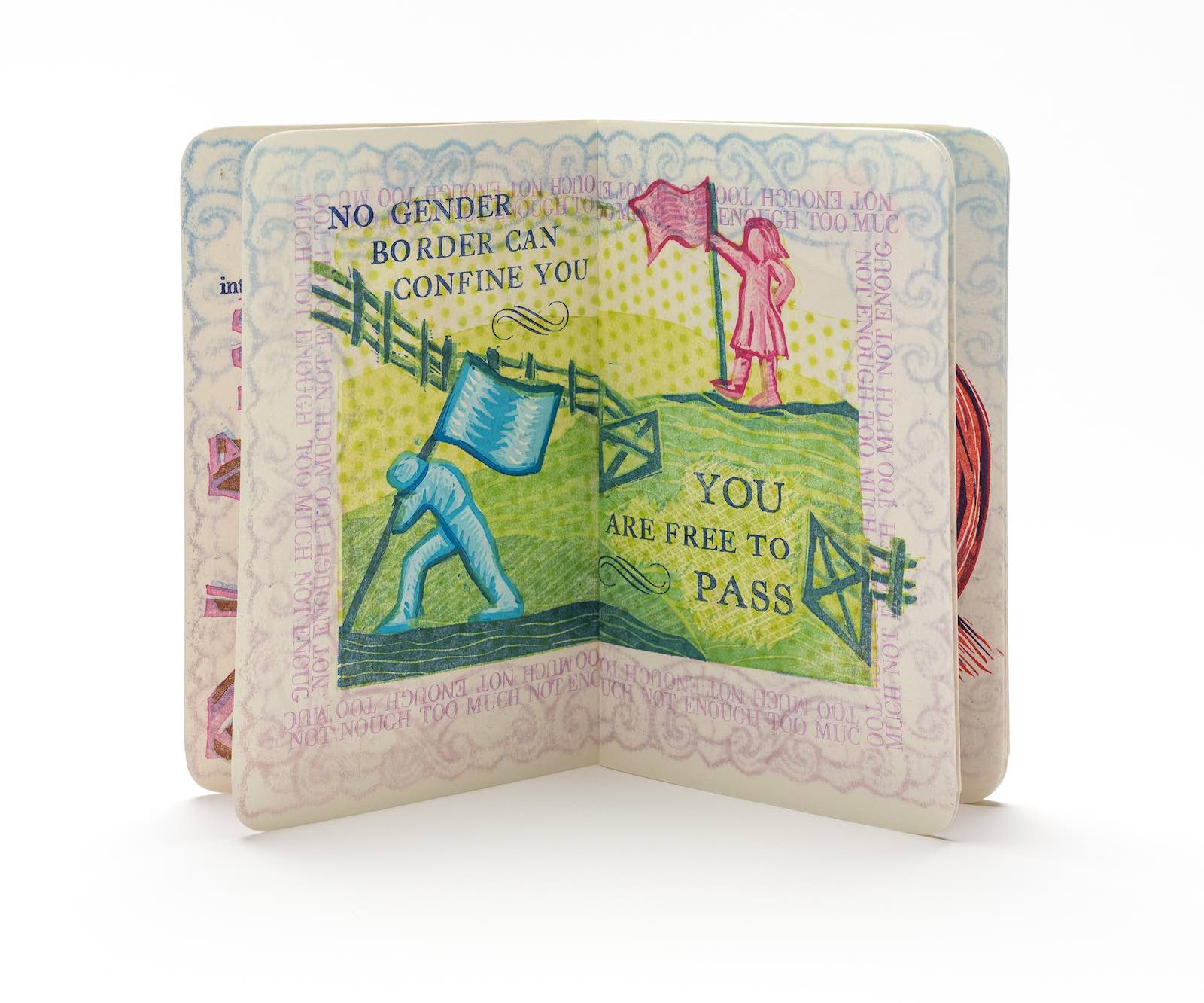 Kitty Koppelman, Gender Passport, 2024, letterpress/linocut reduction print on paper. Edition of 15. Commissioned by Cynthia Sears Artists' Books Collection.