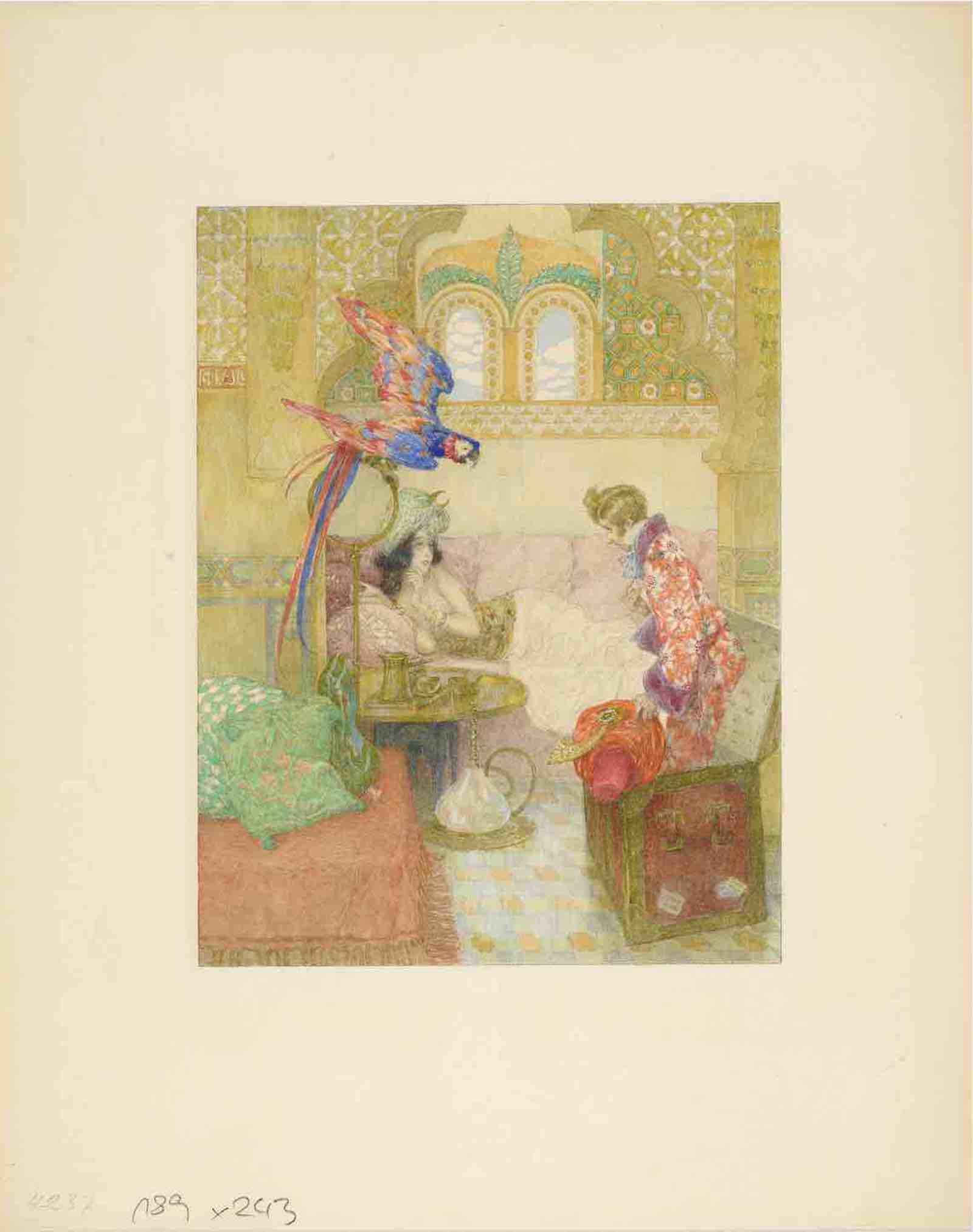 Original watercolor for Anderson's The Flying Trunk by Heinrich Lefler