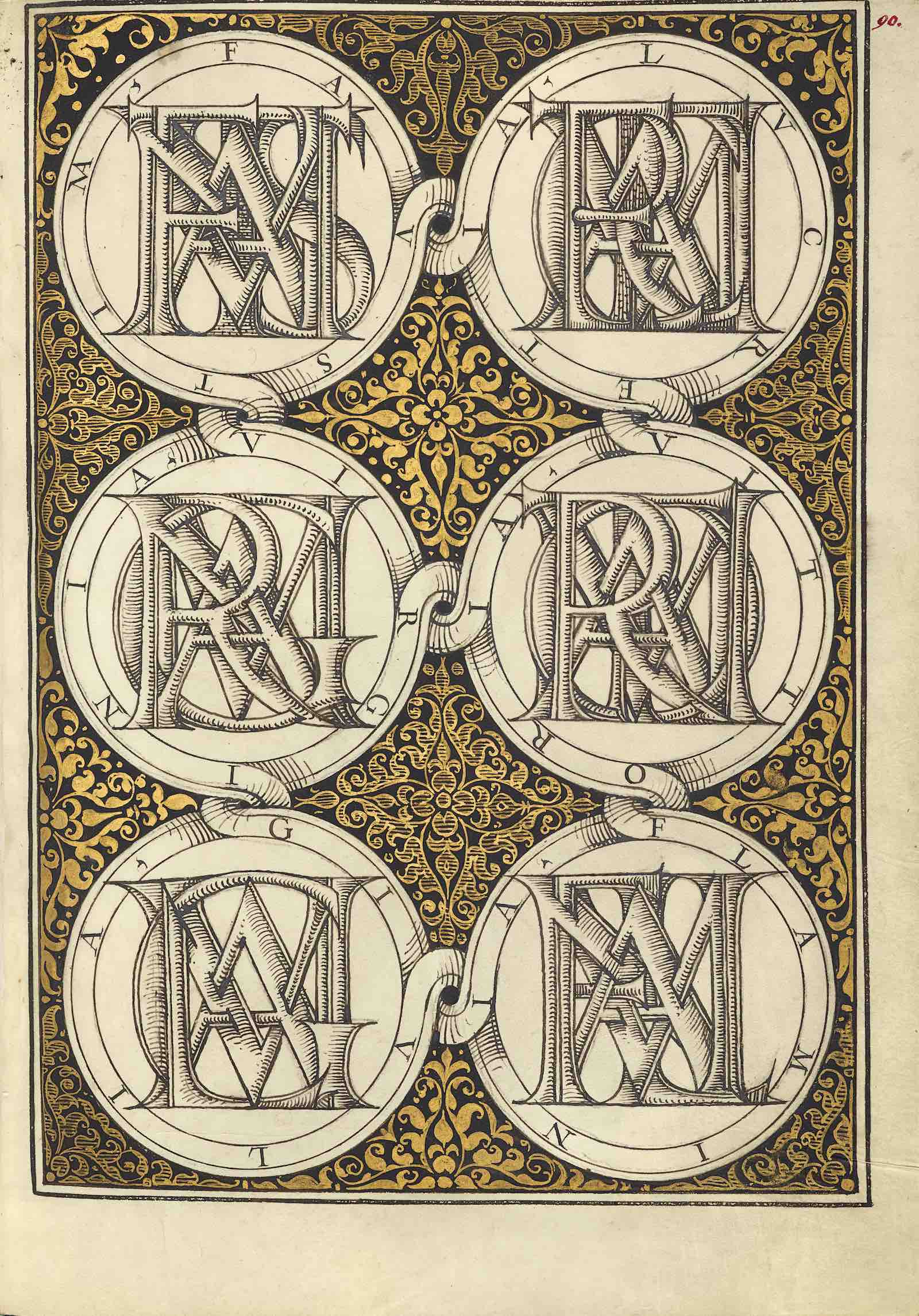 Names Written in Superimposed Letters from Model Book of Calligraphy, 1561 – 1562, Georg Bocskay. Watercolors, gold and silver paint, and ink on parchment.
