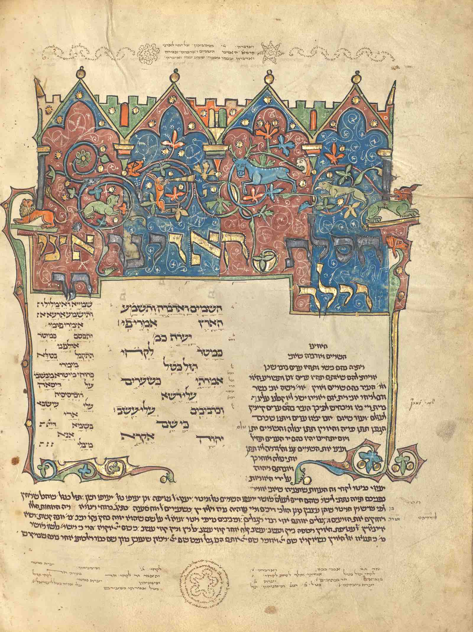 Decorated text page from Rothschild Pentateuch, French or German, 1296. Tempera colors, gold, and ink on parchment.