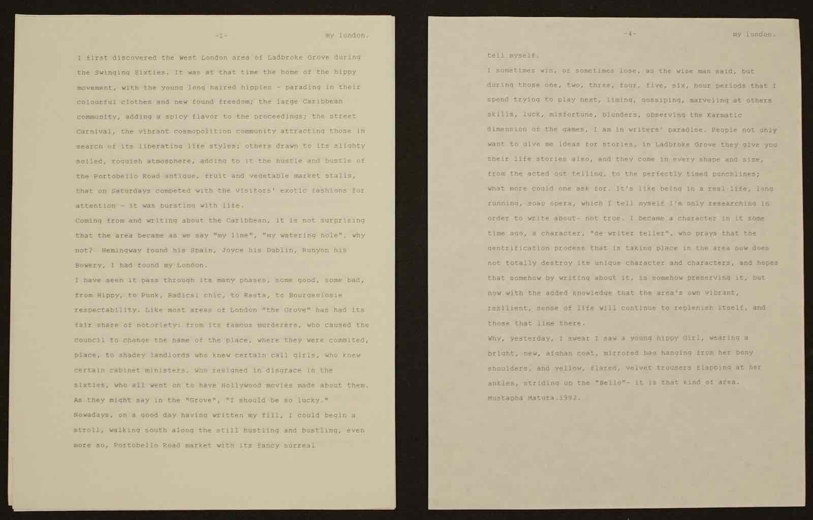 A short non-fiction piece about Ladbroke Grove written by Mustapha Matura (1992)
