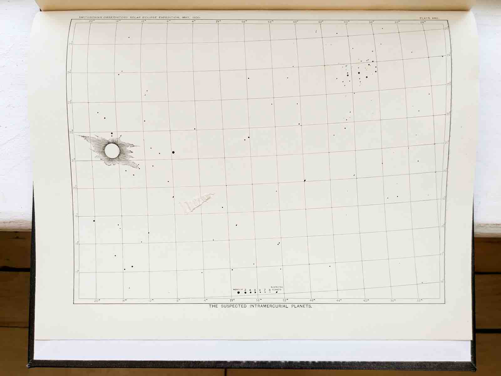 Chart of suspected intramercurial planets from The 1900 Solar Eclipse Expedition by the Astrophysical Observatory of the Smithsonian Institution (1904)
