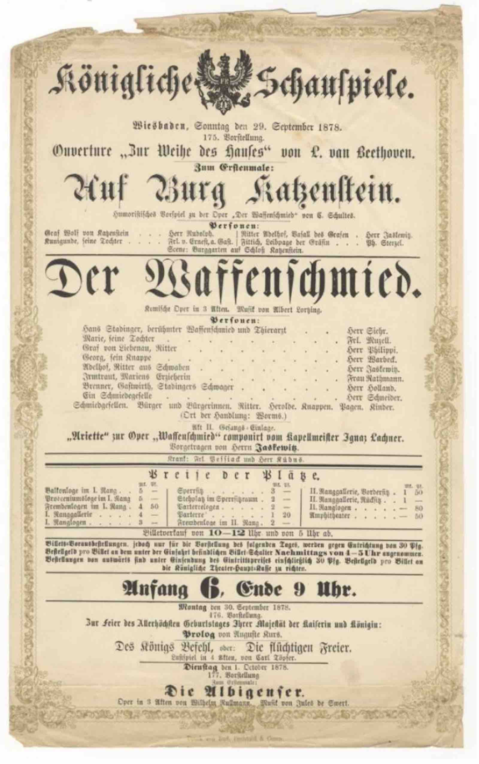 Broadside playbill for a performance in Wiesbaden