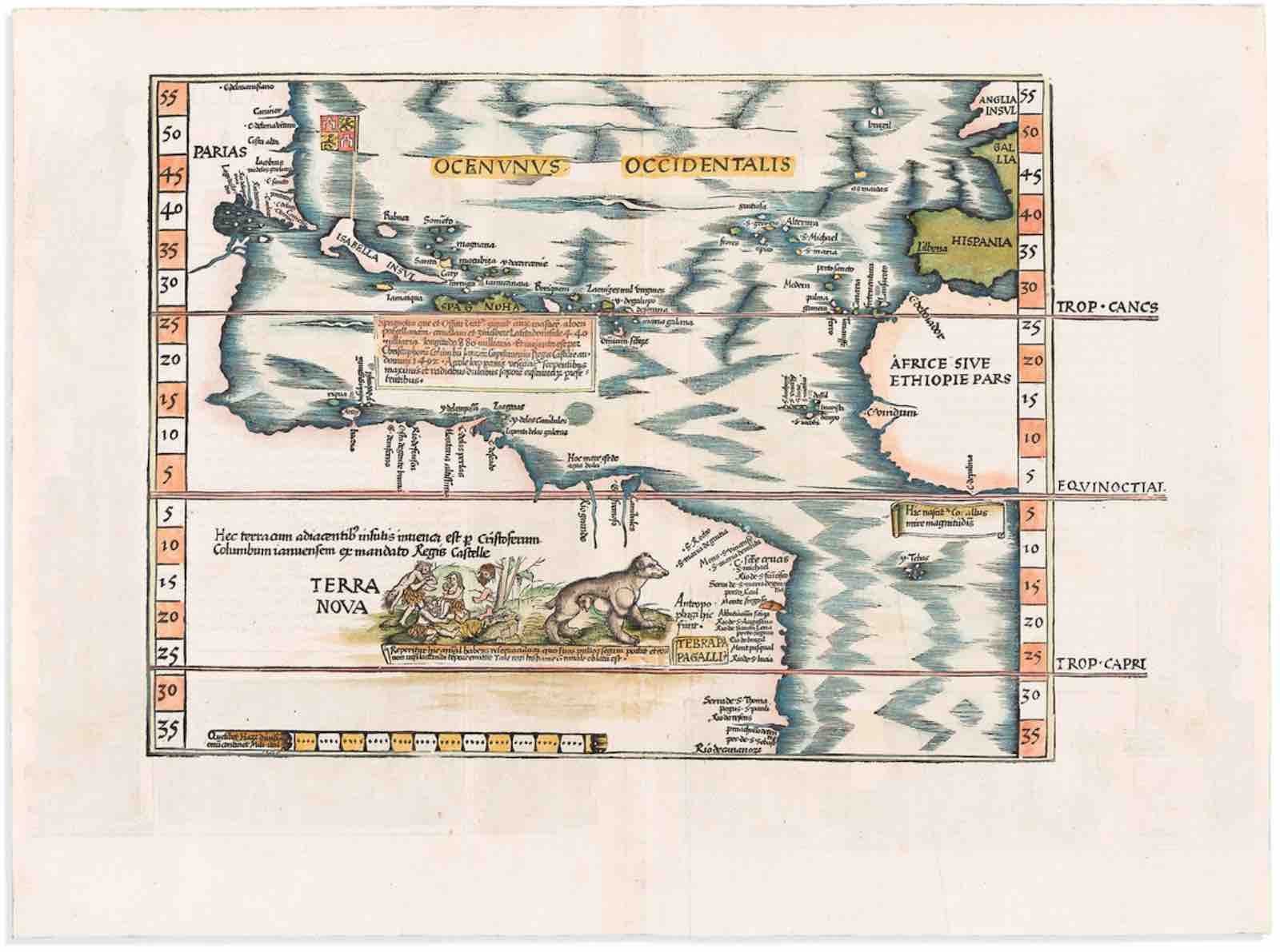 Hand-colored double-page woodcut map of the Atlantic Ocean, Caribbean, and southeast North America