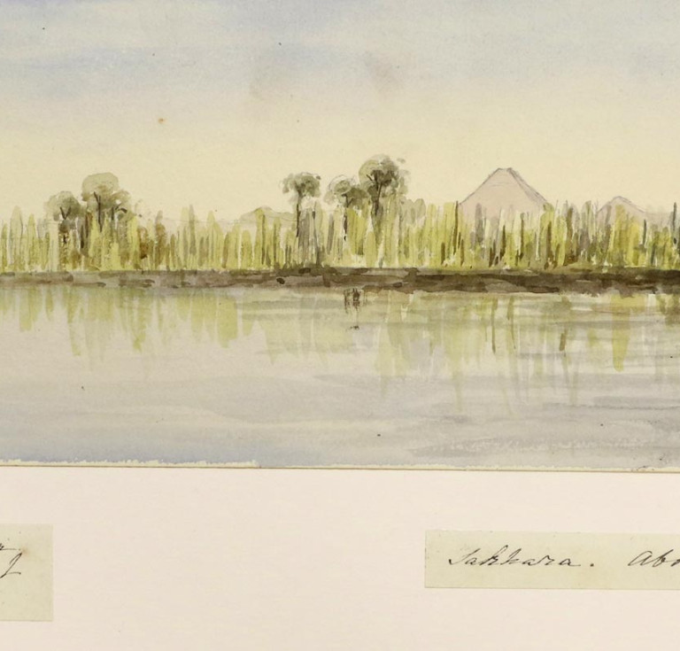 Watercolor view of a pyramid and the Nile