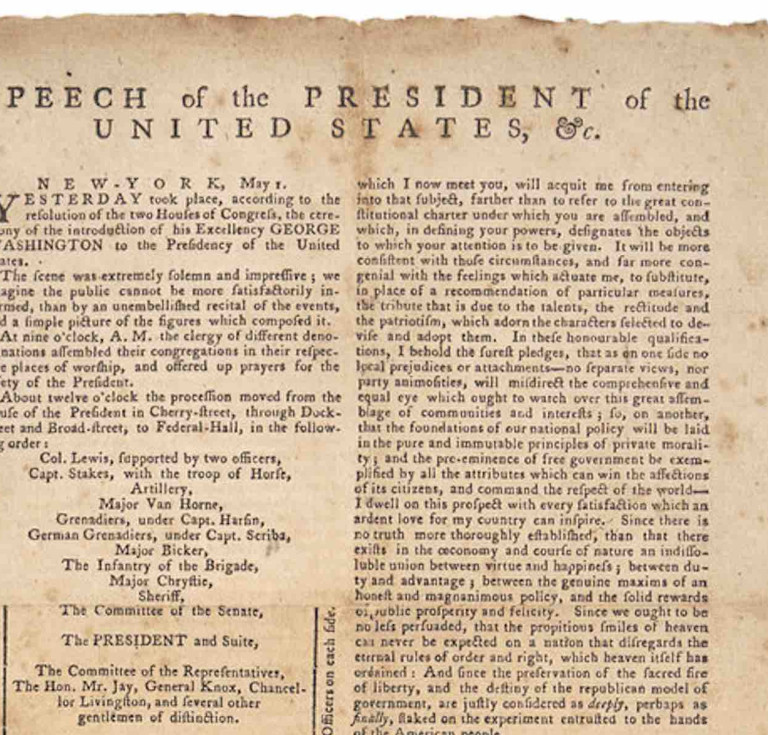 Detail from Printed Broadside of George Washington's inaugural speech  sold for $381,500