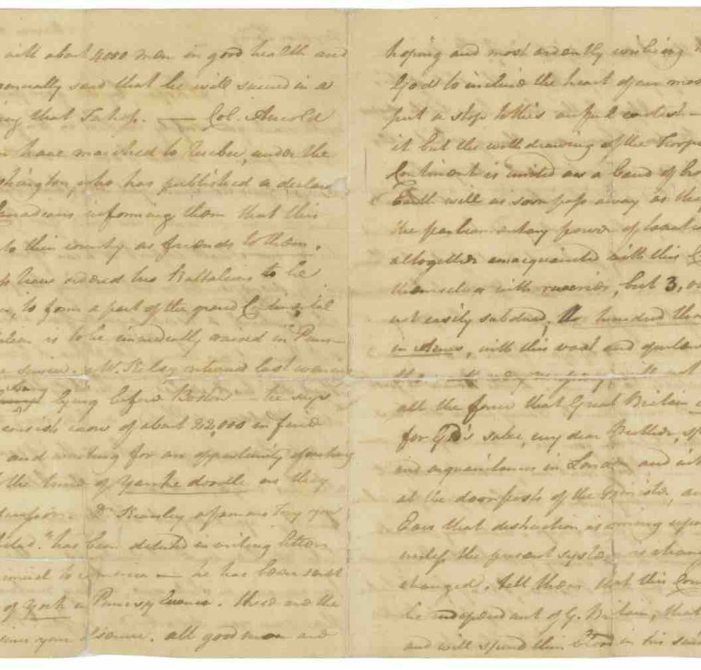 A letter from Richard Stockton to his brother discussing the readiness of the Americans people for the Revolutionary war, estimated at $100,000 – 150,000.