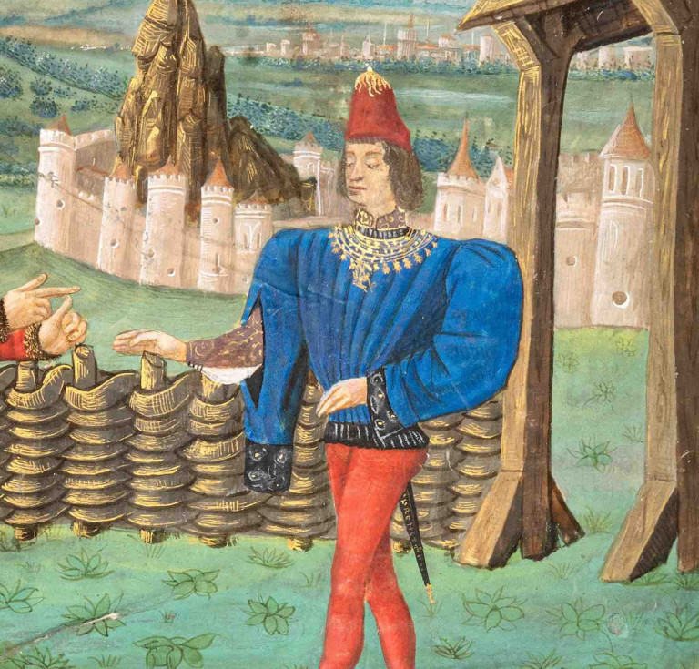 From his pointed shoes to his gilded hat, this knight embodies 1470s high fashion. Évrart de Trémaugon, Le Songe du Vergier. Illuminated by the Master of Gaste andcopied by Pierre de Condreu (or Coudren). France, Saint Chamond, 1469. (Detail)