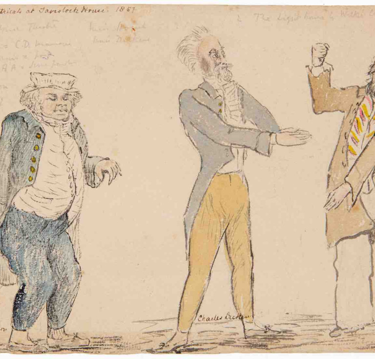 Charles Dickens (centre) during rehearsals for his own play, Mr Nightingale’s Diary performed at Tavistock House in 1855. On the left is Mark Lemon, editor of Punch magazine, on the right is either Wilkie Collins or illustrator Frank Stone.