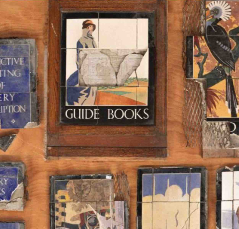 Various complete, partially complete and fragmentary tiled display signs from the WH Smith Archive, including travel books, sports books, and guide books
