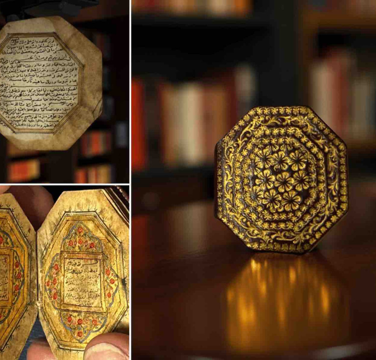 The cover and inside pages of the miniature Qur’an