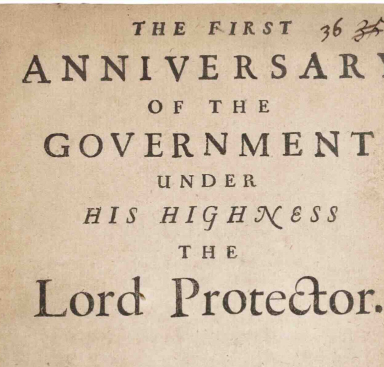 Andrew Marvell's first edition The first anniversary of the government under His Highness the Lord Protector pamphlet (London, Thomas Newcomb, 1655)