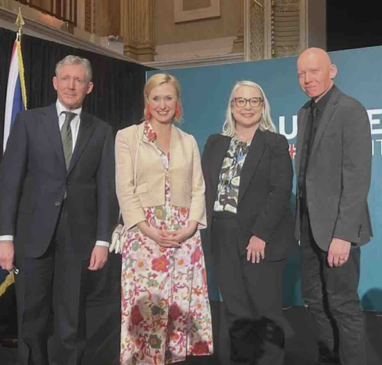 Professor Christopher Smith (Chair of the National Library of Scotland), Marcie Hopkins (Director of Collections at the British Library), Rhodri Llwyd Morgan (Director of the National Library of Wales), and Dr Audrey Whitty (Director of the National Library of Ireland) at the launch announcement of the collaboration.